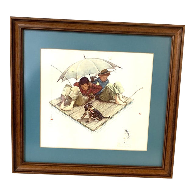 Norman Rockwell Licensed Framed Print "Me and My Pal: Fishing Raft" Framed 70s Reproduction For Sale