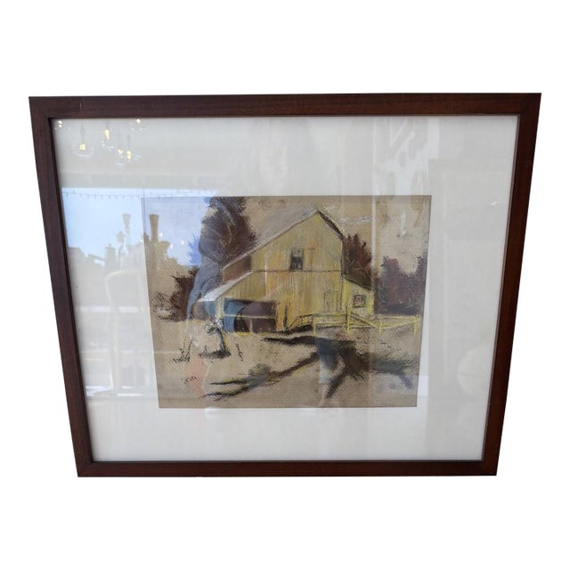 Original Mid Century Pastel Sketch Architectural Study Barn Framed 9x12 For Sale