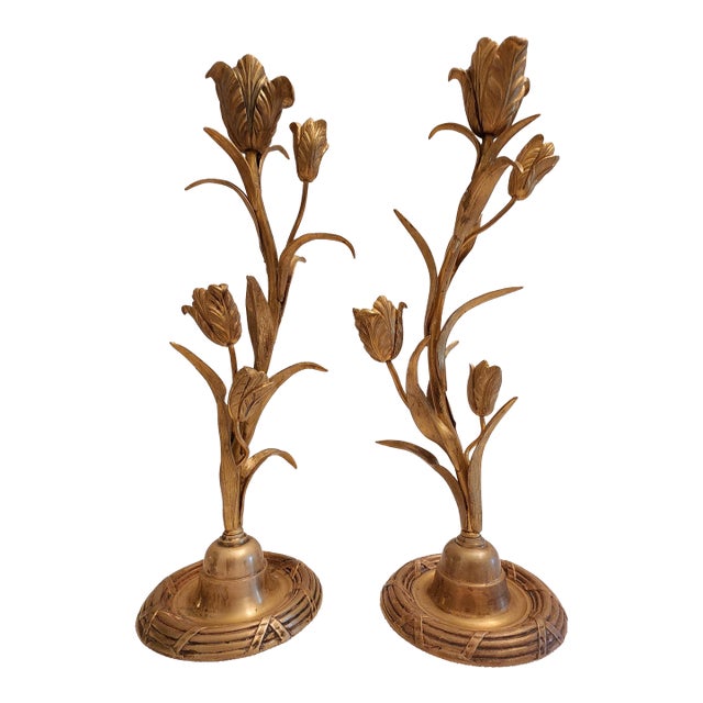 Late 19th Century Art Nouveau Brass Tulip Candle Holders - A Pair For Sale