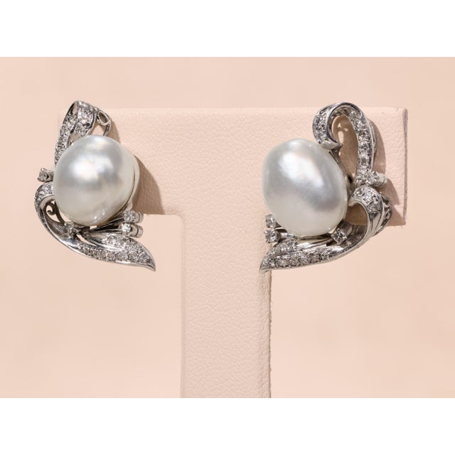 Contemporary The Ellendale: Vintage Palladium Earrings Set With Pearl & Diamonds, 2 Pieces For Sale - Image 3 of 8