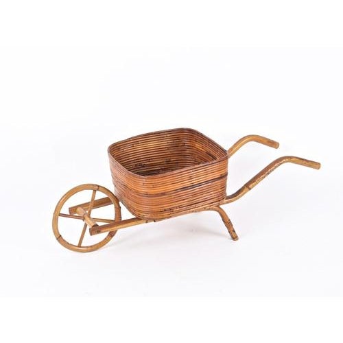 Wood French Riviera Rattan Wheelbarrow Magazine Rack, Italy, 1960s For Sale - Image 7 of 16
