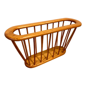 Late 20th Century Scandinavian Mid Century Modern Oval Solid Oak Wood Danish Magazine Rack Vinyl Rec