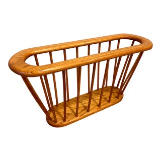 Late 20th Century Scandinavian Mid Century Modern Oval Solid Oak Wood Danish Magazine Rack Vinyl Record Holder After Arthur Umanoff For Sale