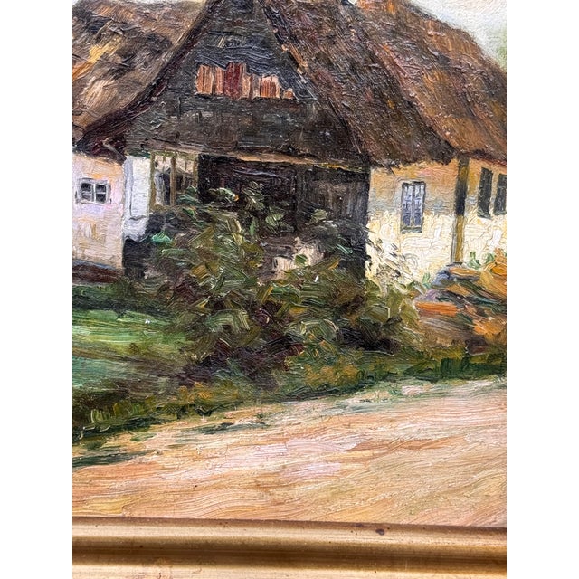 Blue Early 1900's Oil Painting From Denmark, "Small Thatched Farmhouse" For Sale - Image 8 of 9