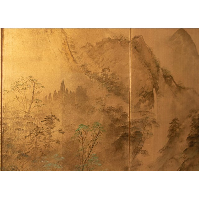 Wood 1960s Shōwa Era Japanese Byobu Screen "Landscape With Bridge" on Gold Background For Sale - Image 7 of 18