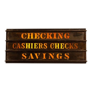 Vintage Illuminated Brass Bank Teller Sign For Sale