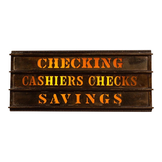 Vintage Illuminated Brass Bank Teller Sign For Sale