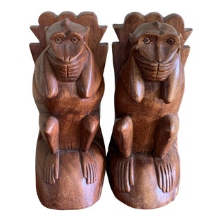 Wood Carved Monkey Bookends- a Pair For Sale