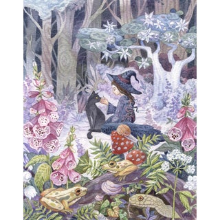 Foxglove by Ania Mohrbacher | Watercolor on Watercolor paper Witch with a black cat in a forest setting. For Sale
