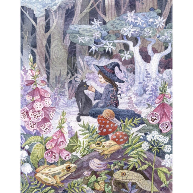 Foxglove by Ania Mohrbacher | Watercolor on Watercolor paper Witch with a black cat in a forest setting. For Sale