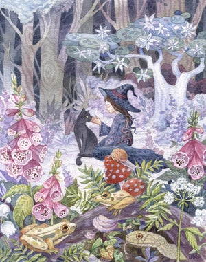 Foxglove by Ania Mohrbacher | Watercolor on Watercolor paper Witch with a black cat in a forest setting.