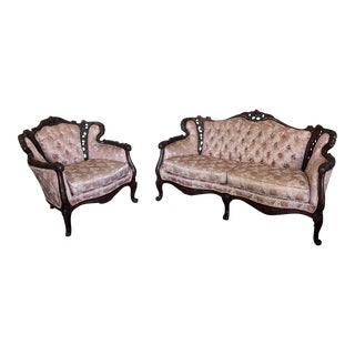 19th Century Victorian Era Walnut Settee and Chair Set in Pink Floral Brocade- 2 Pieces For Sale