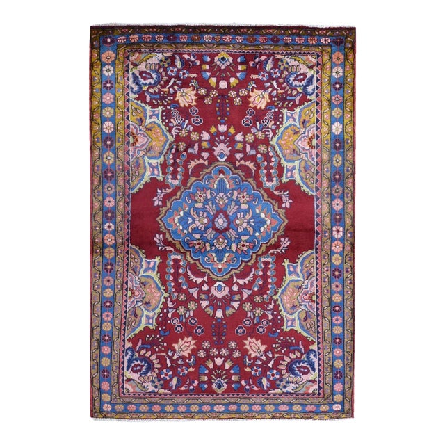 Vintage Persian Hamadan Colorful Natural Wool Hand Knotted Oriental Rug For Sale