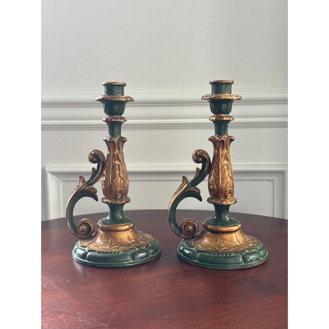 1980s Italian Florentine Style Green and Gold Candle Holders--a Pair For Sale - Image 5 of 13