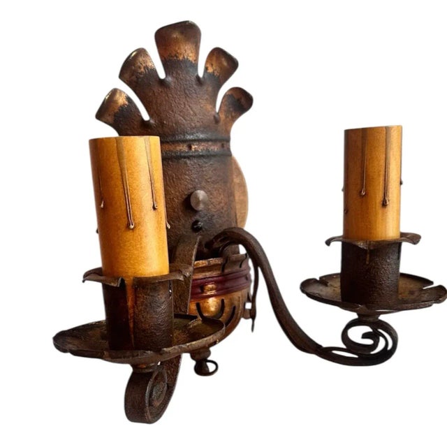 Pair Brass and Iron Sconces in Original Old Paint Patina, Circa 1910 For Sale - Image 4 of 8