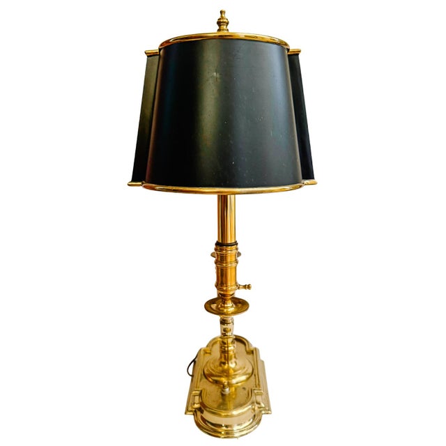 Vintage French Neoclassical Brass Three-Light Bouillotte Lamp With Black Tole Shade For Sale - Image 4 of 9
