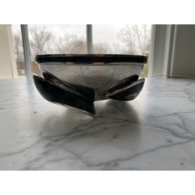 Los Castillo 1970s Mid Century Modern Castillo Taxco Abstract Fish Footed Siver Plated Bowl With Malachite & Azurite Inlay For Sale - Image 4 of 14