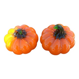 1990s Pair of Orange Art Glass Pumpkin Figurines For Sale