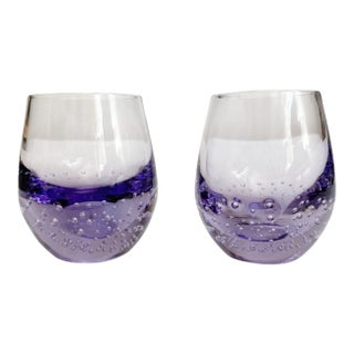 1990s Purple Blown Glass Controlled Bubble Shot Glasses - a Pair For Sale