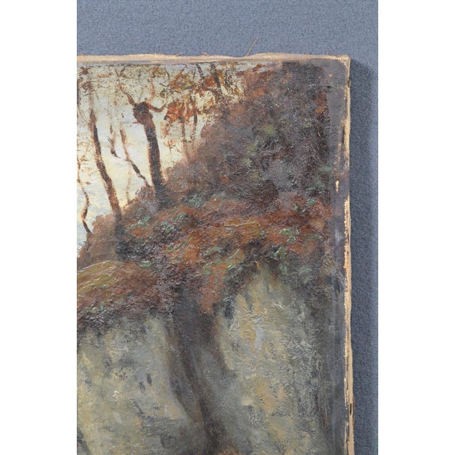 French Antique French Woodland Landscape Oil Painting With Rocks and Stream For Sale - Image 3 of 12