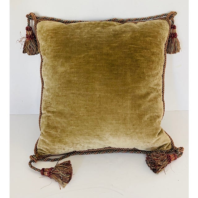 Antique Belgian Wool Tapestry Pillow With Tassels Feather Down For Sale - Image 4 of 7