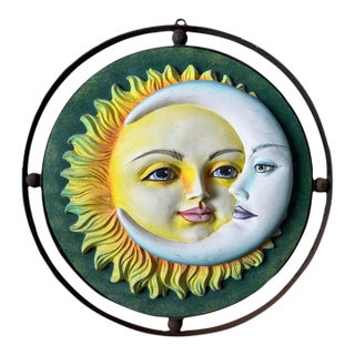 Plaster Painting Sun Moon Rusty Weathered Steel Round (After Sergio Bustamante) For Sale