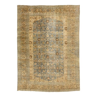 Antique Persian Tabriz Rug Muted Blue & Ochre All-Over Botanical Design For Sale