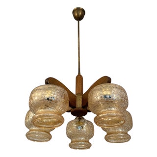 Brutalist Sputnik 5-Arm Chandelier in Oak with Glass Shades, Germany, 1970s For Sale