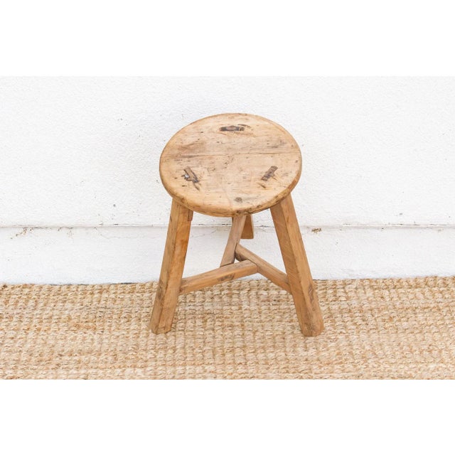 Farmhouse Bleached Wood Vintage Round Stool For Sale - Image 3 of 6