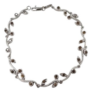 14 Karat White Gold Hand Engraved "Leaf" Bracelet with Natural Brown Diamonds For Sale