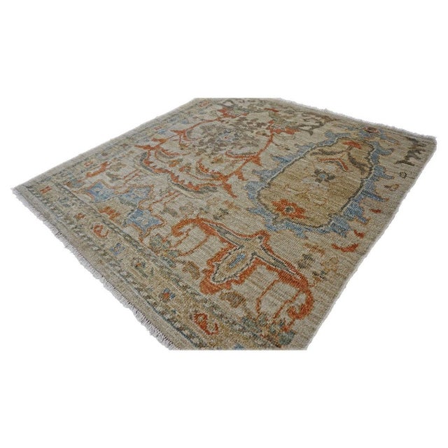 Persian Persian Sultanabad Wool 3x3 Square Ivory, Light Blue & Rust Handmade Area Rug #1141257 For Sale - Image 3 of 6