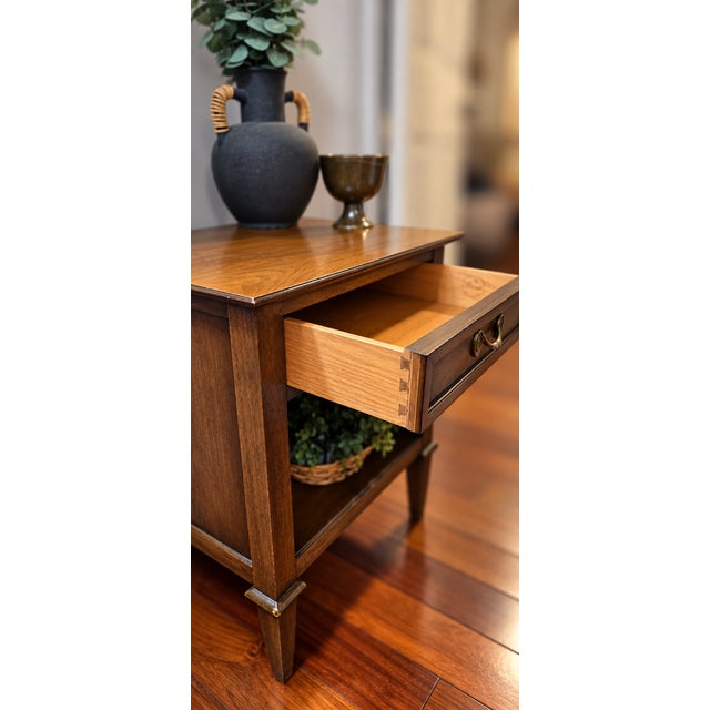 "By Drexel" Europa Collection Walnut Nightstand / Side Table. Made in the USA, late 1950s/early 1960s era - original brass...