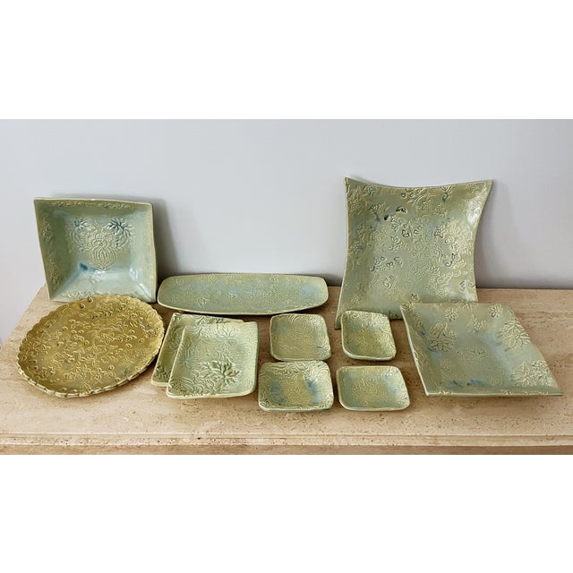 Ceramic Set of Studio Pottery Floral Motif Celadon Decorative Accessories - Set of 11 For Sale - Image 7 of 7