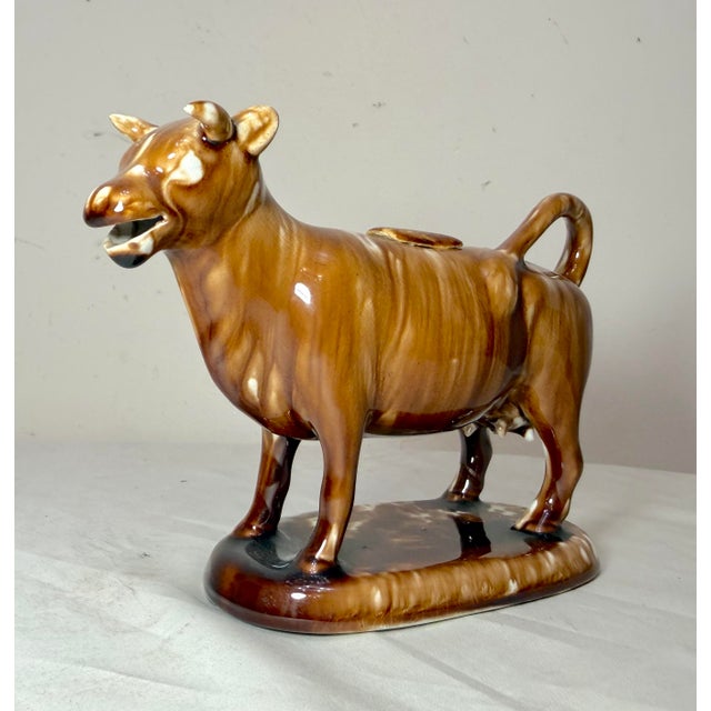 19th Century Rare Early Antique Staffordshire Pottery Brown Drip Glaze Cow Creamer Sculpture For Sale In New York - Image 6 of 17