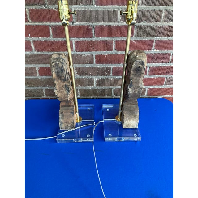 Auburn Pair Antique French Dolphin Architectural Fragment Lamps W/Lucite Bases For Sale - Image 8 of 9