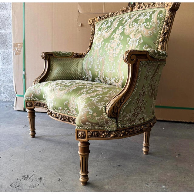 Italian Style Wingback Chair – Military Green Damask Fabric, Gold Accents For Sale - Image 4 of 7
