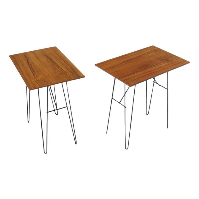 Pair Teak Tops End Side Console Tables Stands Pedestals Tall Wire Legs MINT! For Sale