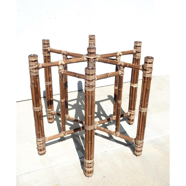 Vintage McGuire Organic Modern Bamboo Rattan Round Dining Table W Leather Straps For Sale - Image 9 of 16