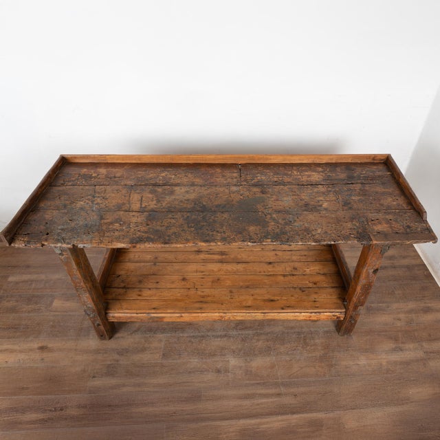 Rustic European 19th Century Rustic Pine Work Table With Shelf, Console or Island For Sale - Image 3 of 16