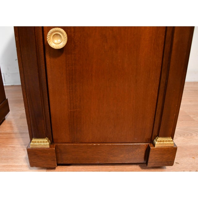 Brown 1930s French Empire Mahogany & Marble Top Pair of Nightstands / Bedside Tables For Sale - Image 8 of 18