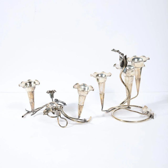 Pair of Art Nouveau Silver-Plate Morning Glory Motif Candle Holders For Sale - Image 4 of 13