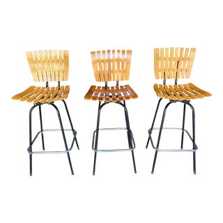 1960s Vintage Wood Slat Umanoff Style Swivel Bar Stools - Set of 3 For Sale