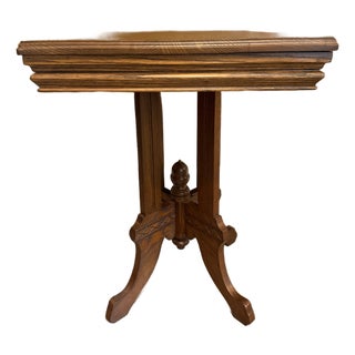 Antique Eastlake Victorian Oak Parlor Side Table With Carved Pedestal Base and Acorn Finial For Sale