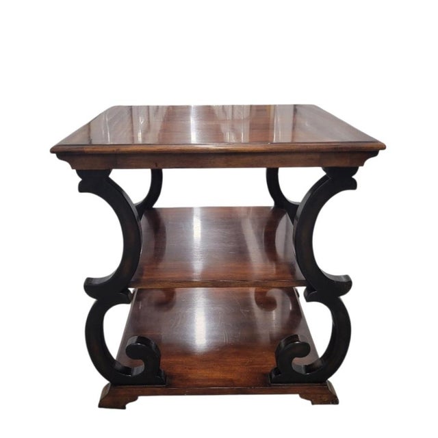 Theodore Alexander Vintage Oversized Theodore Alexander Walnut Ebonized Scroll Leg 3 Tier Side Table For Sale - Image 4 of 9