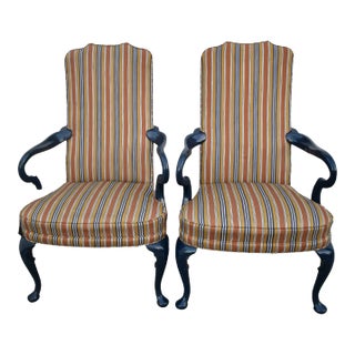 Hickory Chair High Back Armchairs Vintage Hollywood Regency Striped Accent Pair For Sale