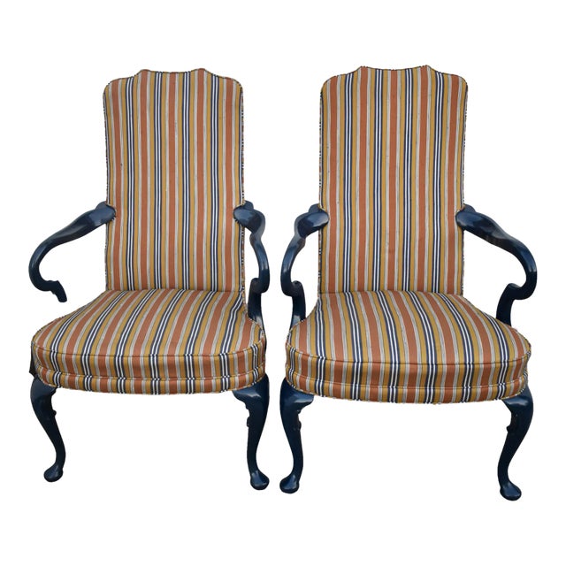Hickory Chair High Back Armchairs Vintage Hollywood Regency Striped Accent Pair For Sale