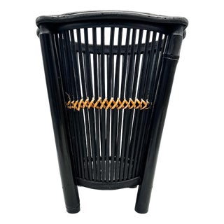 Vintage Black Bamboo & Rattan Wastebasket – British Colonial / Chinoiserie For Sale
