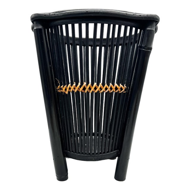 Vintage Black Bamboo & Rattan Wastebasket – British Colonial / Chinoiserie For Sale