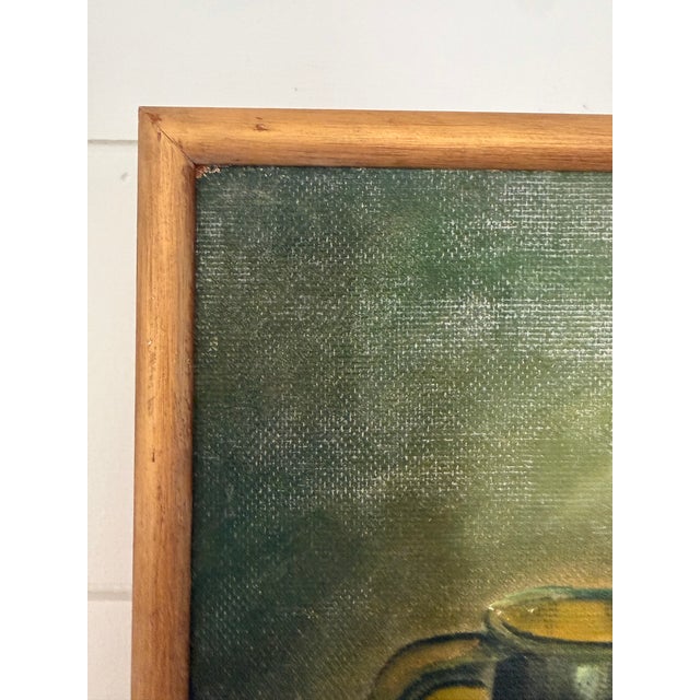 Paint Vintage Still-Life Painting of a Dark Green Ceramic Pitcher and Red Apples, by Artist Lr Smith For Sale - Image 7 of 9