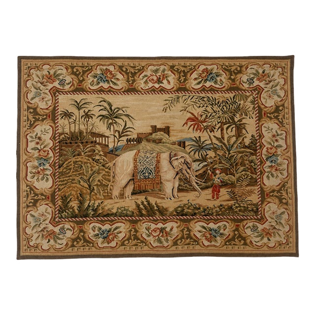 Handmade Chinese Aubusson-Style Elephant Tapestry, Vintage For Sale